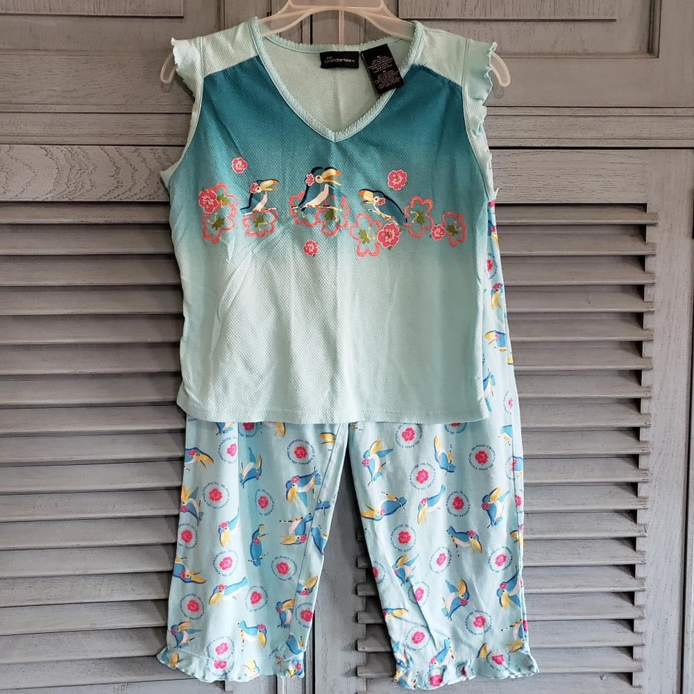 💞No boundaries junior's 2 piece pajama set,size M, aqua with colorful toucans💞